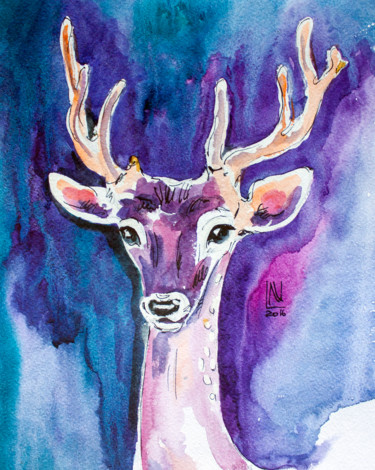 Painting titled "Deer Watercolor Ori…" by Natasha Ledeneva, Original Artwork, Watercolor