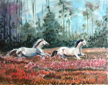 Painting titled "Two White horses" by Natasha Ledeneva, Original Artwork, Oil Mounted on Wood Stretcher frame