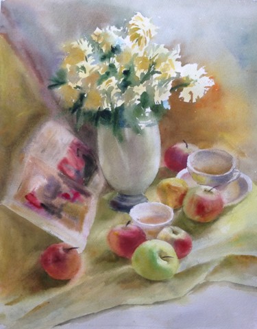 Malerei mit dem Titel "Apple still life" von Nata New, Original-Kunstwerk, Aquarell