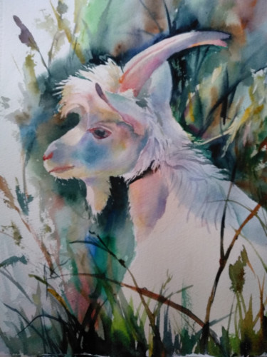 Peinture intitulée "The goat portrait" par Nata New, Œuvre d'art originale, Aquarelle