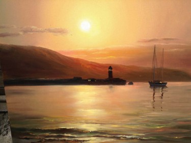 Painting titled "Gold sea sunset" by Nata New, Original Artwork, Oil