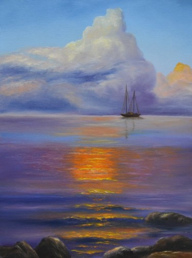 Painting titled "Purple sea" by Nata New, Original Artwork, Oil