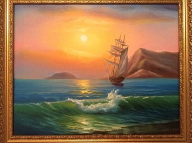 Malerei mit dem Titel "SAILBOAT AT SUNSET.…" von Nata New, Original-Kunstwerk, Öl