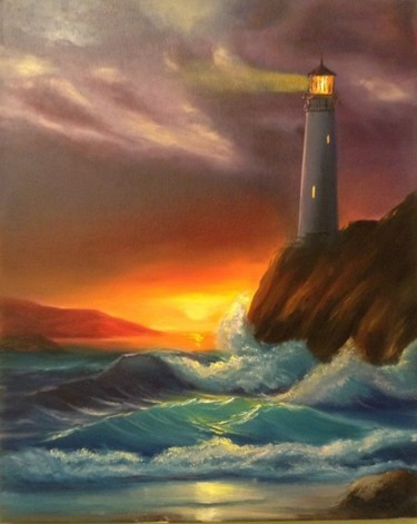 Painting titled "LIGHTHOUSE AT NIGHT…" by Nata New, Original Artwork, Oil