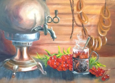 Painting titled "Tea still life" by Nata New, Original Artwork, Oil