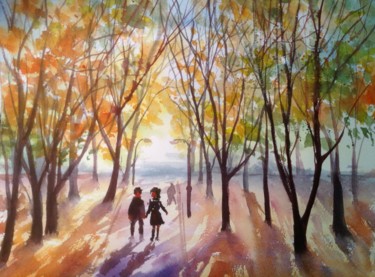 Painting titled "together in the aut…" by Nata New, Original Artwork, Watercolor