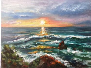 Painting titled "Summer emerald sea" by Nata New, Original Artwork, Oil