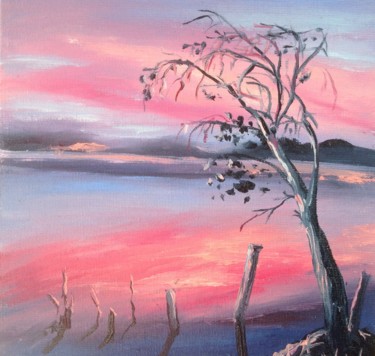 Painting titled "Sunset on the lake" by Nata New, Original Artwork, Oil