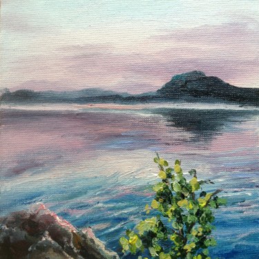 Painting titled "Dawn on the lake" by Nata New, Original Artwork, Oil