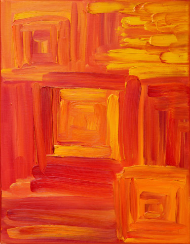 Painting titled "Orange Squares" by Nataliia Sydorova, Original Artwork, Oil Mounted on Wood Stretcher frame