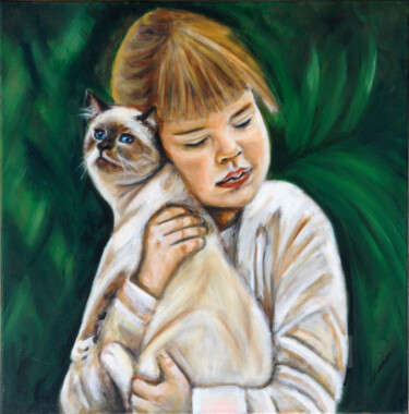 Schilderij getiteld "L'enfant et le chat" door Natacha Favreau, Origineel Kunstwerk, Acryl