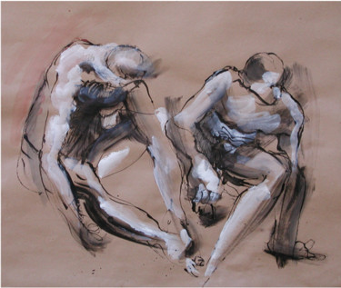 Drawing titled ""2 HOMMES ASSIS"" by Natacha Kolson, Original Artwork, Ink