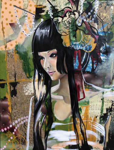 Malarstwo zatytułowany „Geisha moderne” autorstwa Natacha Zenatti, Oryginalna praca, Olej Zamontowany na Drewniana rama noszy
