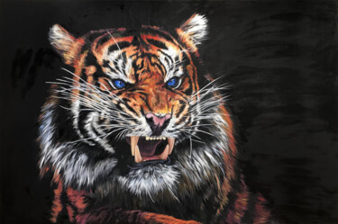 Malarstwo zatytułowany „Картина Тигр art ti…” autorstwa Наталья Комар, Oryginalna praca, Olej Zamontowany na Drewniana rama…