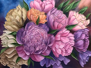 Картина под названием "Картина цветы пионы…" - Наталья Комар, Подлинное произведение искусства, Масло