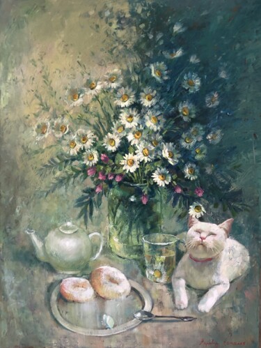 Painting titled "Сладкоежки и ромашк…" by Natalia Moreva, Original Artwork, Oil