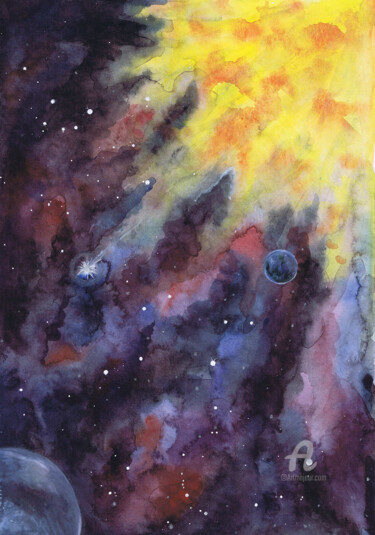 Pintura intitulada "Soleil, étoiles et…" por Natalia Shustrova, Obras de arte originais, Aquarela