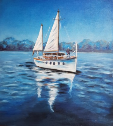 Malarstwo zatytułowany „Sailboat” autorstwa Natalia Ostonen (Tarasova), Oryginalna praca, Olej Zamontowany na Inny sztywny p…