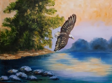绘画 标题为“Eagle over the lake” 由Natalia Ostonen (Tarasova), 原创艺术品, 油 安装在其他刚性面板上