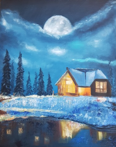Malarstwo zatytułowany „Winter night” autorstwa Natalia Ostonen (Tarasova), Oryginalna praca, Olej Zamontowany na Inny sztyw…