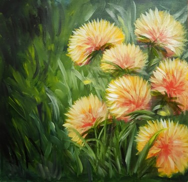 Painting titled "Golden flowers" by Natalia Ostonen (Tarasova), Original Artwork, Oil Mounted on Other rigid panel