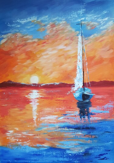 Peinture intitulée "Sailboat at sunset" par Natalia Ostonen (Tarasova), Œuvre d'art originale, Huile Monté sur Autre panneau…