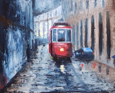 Painting titled "Rainy evening" by Natalia Ostonen (Tarasova), Original Artwork, Oil Mounted on Other rigid panel