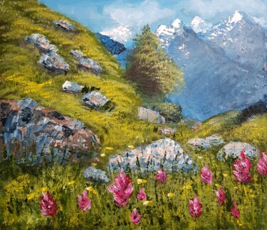 Painting titled "mountain flowers" by Natalia Ostonen (Tarasova), Original Artwork, Oil Mounted on Other rigid panel