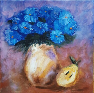 Painting titled "Blue flowers in a v…" by Natalia Ostonen (Tarasova), Original Artwork, Oil