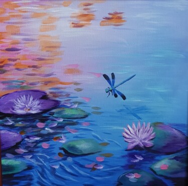 Painting titled "Water lilies and dr…" by Natalia Ostonen (Tarasova), Original Artwork, Acrylic