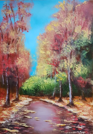 Painting titled "Golden autumn" by Natalia Ostonen (Tarasova), Original Artwork, Oil Mounted on Other rigid panel