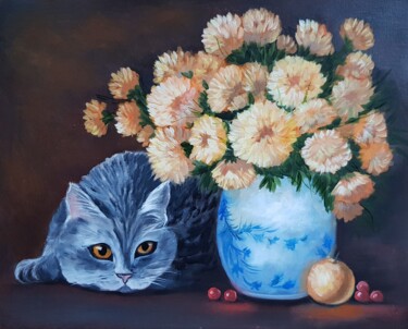 Painting titled "Suns and cat" by Natalia Ostonen (Tarasova), Original Artwork, Oil