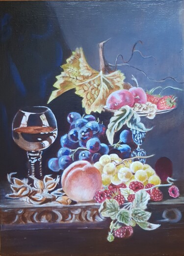 Painting titled "Still life with gla…" by Natalia Ostonen (Tarasova), Original Artwork, Oil Mounted on Other rigid panel