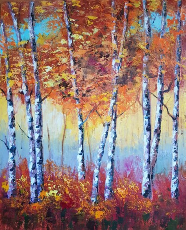 Painting titled "Autumn landscape wi…" by Natalia Ostonen (Tarasova), Original Artwork, Oil Mounted on Other rigid panel