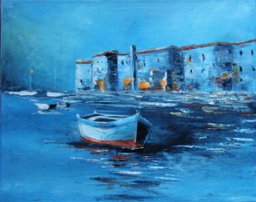 Painting titled "Ships at the pier" by Natalia Ostonen (Tarasova), Original Artwork, Oil Mounted on Wood Stretcher frame