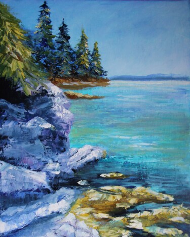 Painting titled "Rocky shore" by Natalia Ostonen (Tarasova), Original Artwork, Oil Mounted on Other rigid panel