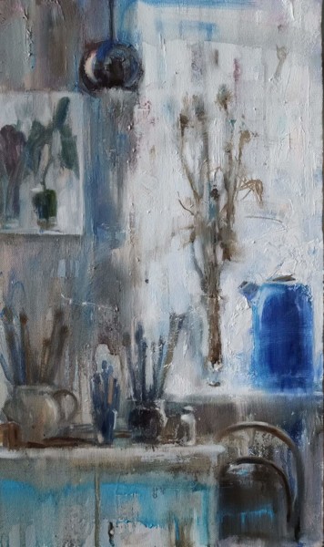 Painting titled "blue teapot" by Natalia Nikolenko, Original Artwork, Oil