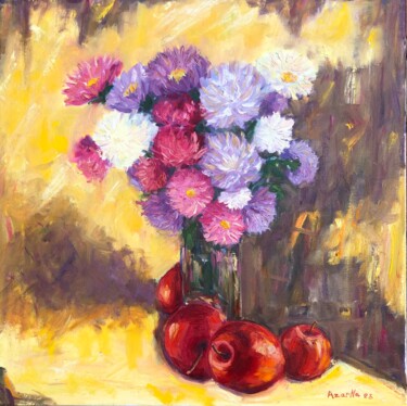 Painting titled "Crazy asters" by Natala Azarna, Original Artwork, Oil Mounted on Wood Panel