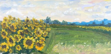 Painting titled "sunflower fields" by Natala Azarna, Original Artwork, Oil Mounted on Wood Panel