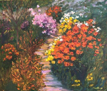 Painting titled "path in colorful au…" by Natala Azarna, Original Artwork, Oil Mounted on Wood Panel
