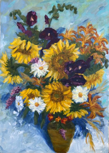 Painting titled "Summer flowers" by Natala Azarna, Original Artwork, Oil Mounted on Wood Panel