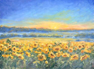 Painting titled "sunset on a sunflow…" by Natala Azarna, Original Artwork, Oil Mounted on Wood Panel