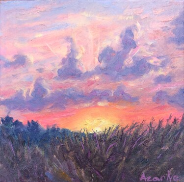 Painting titled "The sunset" by Natala Azarna, Original Artwork, Oil Mounted on Wood Panel