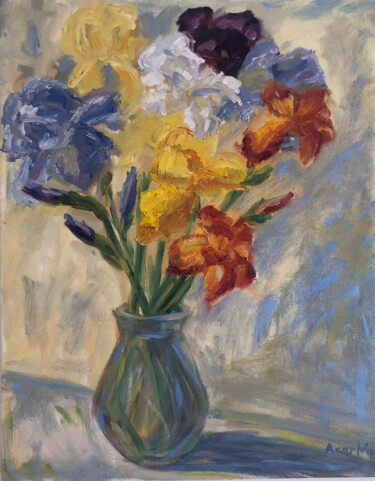 Painting titled "irises of different…" by Natala Azarna, Original Artwork, Oil Mounted on Wood Panel