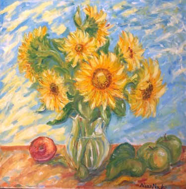 Pittura intitolato "Sunflowers with red…" da Natala Azarna, Opera d'arte originale, Olio Montato su Pannello di legno