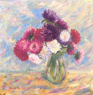 Картина под названием "Crazy asters in vase" - Наталя Азарна, Подлинное произведение искусства, Масло Установлен на Деревянн…