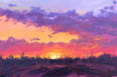 Painting titled "charming sunset" by Natala Azarna, Original Artwork, Oil Mounted on Wood Panel