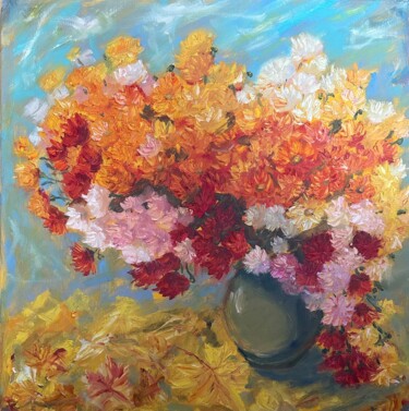 Painting titled "bright asters" by Natala Azarna, Original Artwork, Oil Mounted on Wood Panel