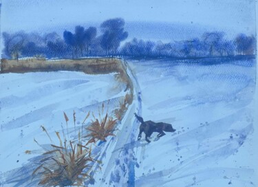 Schilderij getiteld "winter walk" door Natala Azarna, Origineel Kunstwerk, Aquarel Gemonteerd op Glas