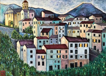 Malerei mit dem Titel "Italian town in blue" von Natali Part, Original-Kunstwerk, Öl